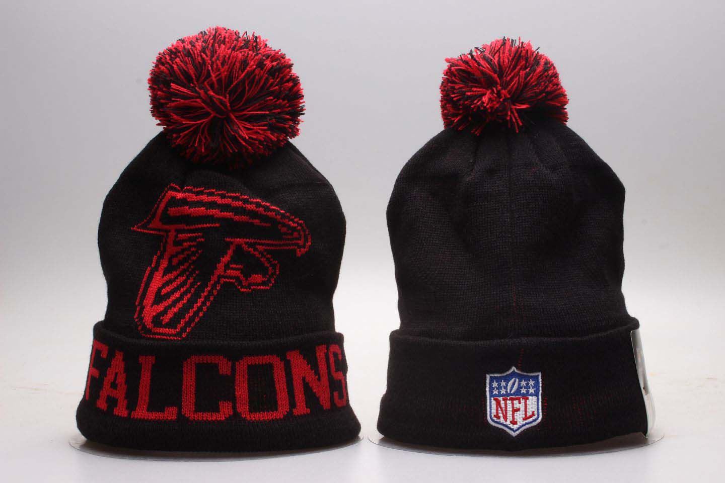 Falcons Fresh Logo Black Red Wordmark Cuffed Pom Knit Hat YP