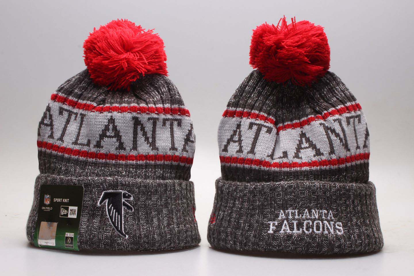 Falcons Fresh Logo Gray Wordmark Cuffed Pom Knit Hat YP - Click Image to Close