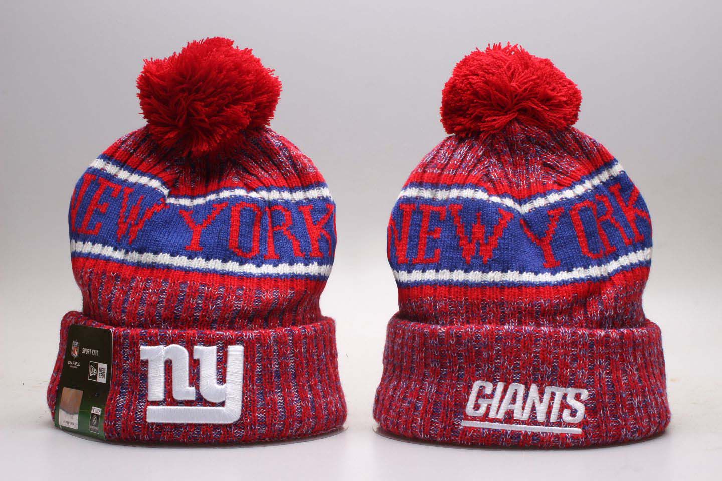 New York Giants Red Wordmark Cuffed Pom Knit Hat YP