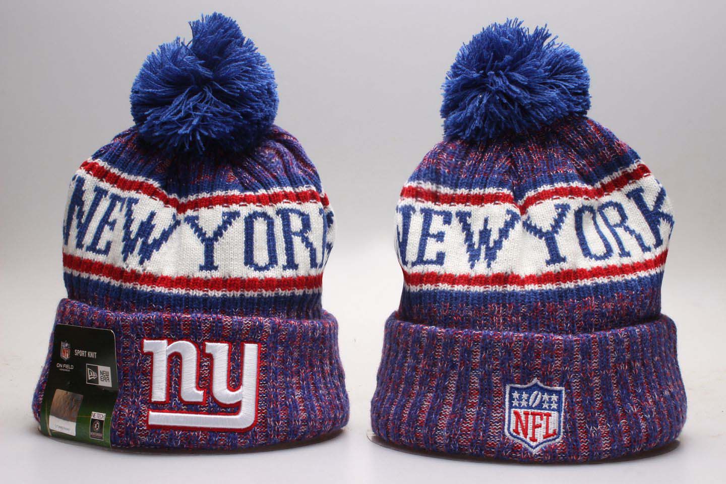 New York Giants Royal Wordmark Cuffed Pom Knit Hat YP - Click Image to Close