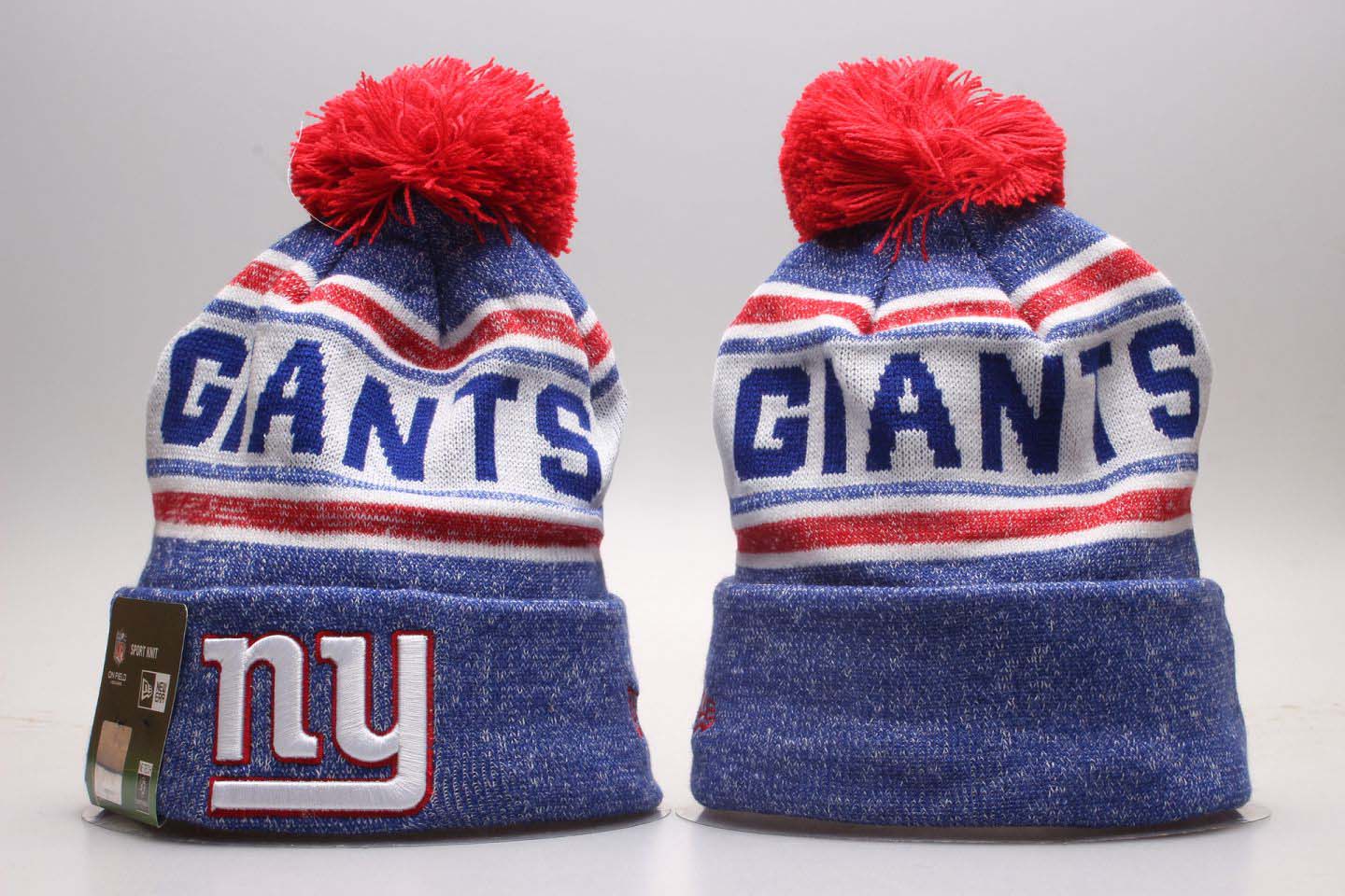 New York Giants Team Logo Wordmark Cuffed Pom Knit Hat YP