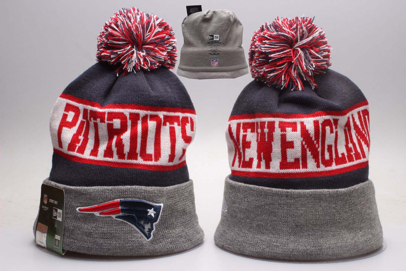 Patriots Fresh Logo Gray Red Wordmark Cuffed Pom Knit Hat YP - Click Image to Close
