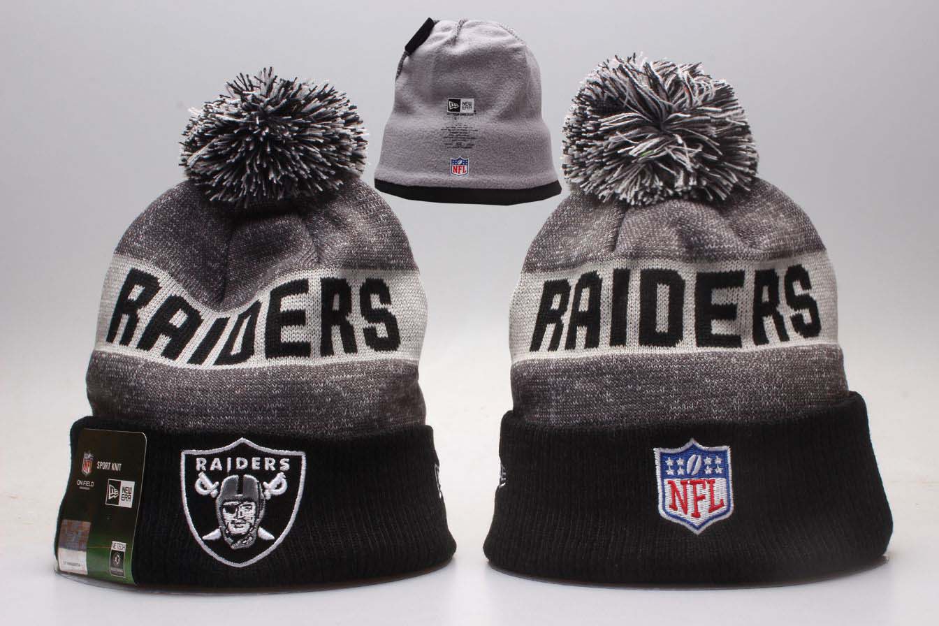 Raiders Fresh Logo Gray Black Wordmark Cuffed Pom Knit Hat YP