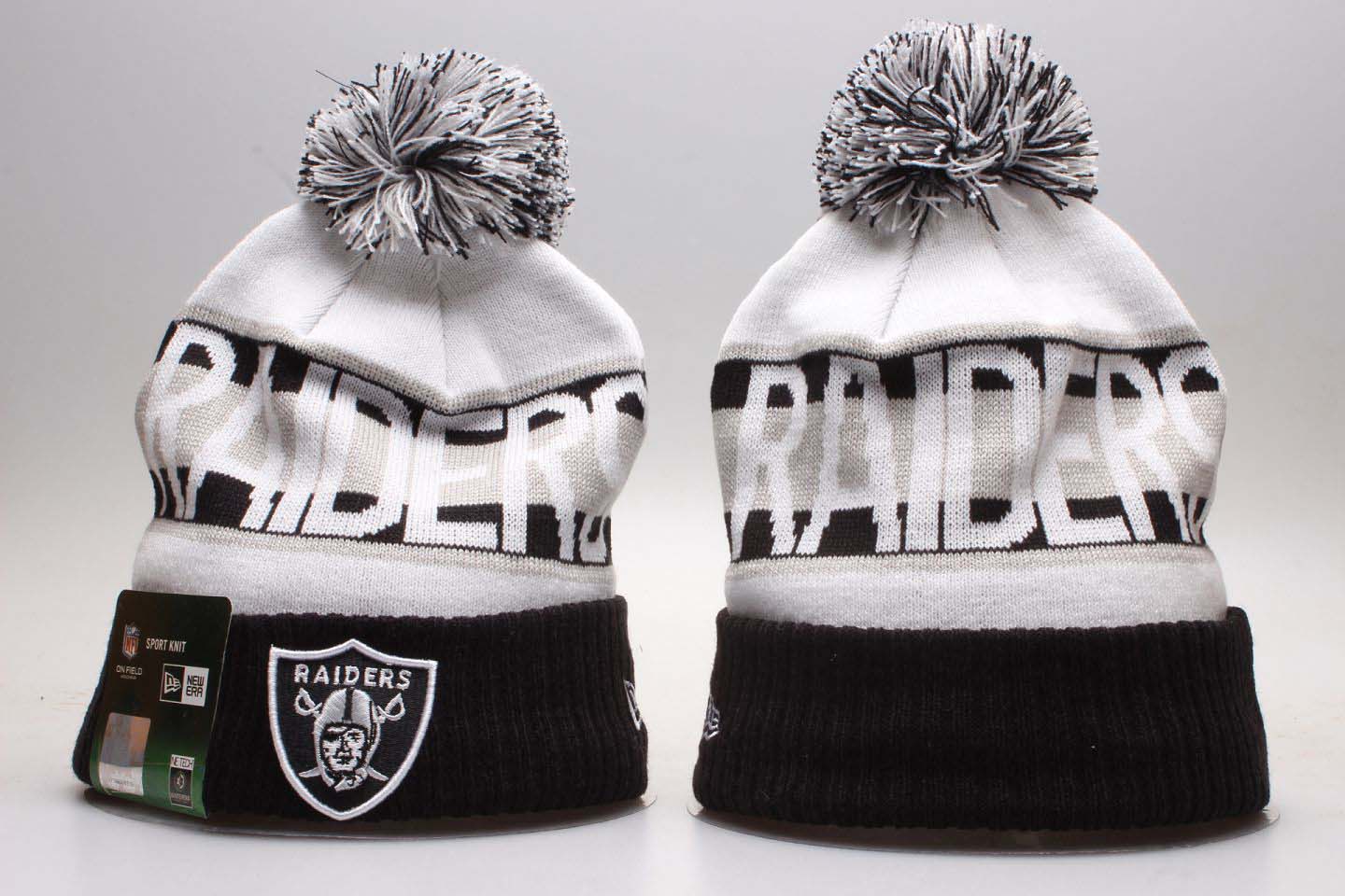 Raiders Fresh Logo White Black Wordmark Cuffed Pom Knit Hat YP