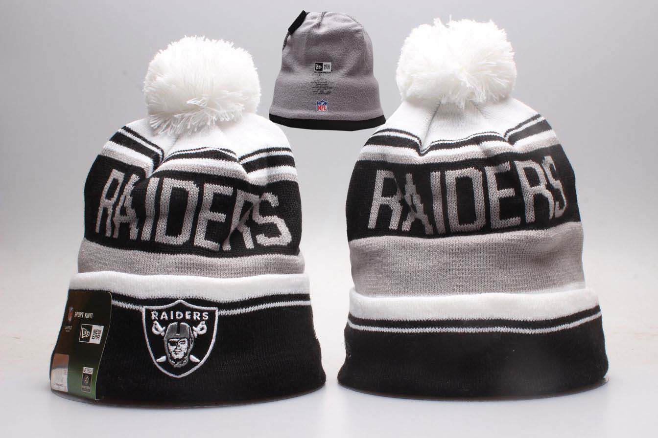 Raiders Team Logo White Black Wordmark Cuffed Pom Knit Hat YP