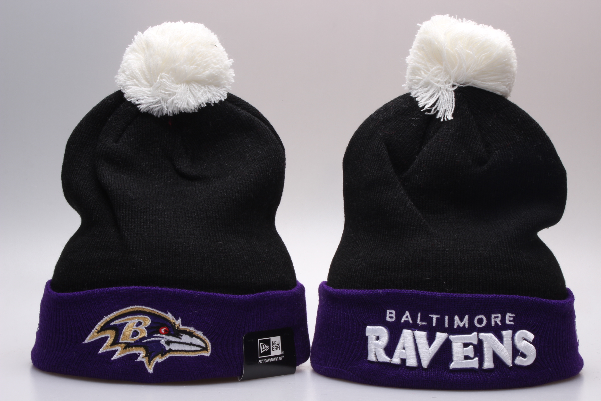 Ravens Team Logo Black Purple Wordmark Cuffed Pom Knit Hat YP