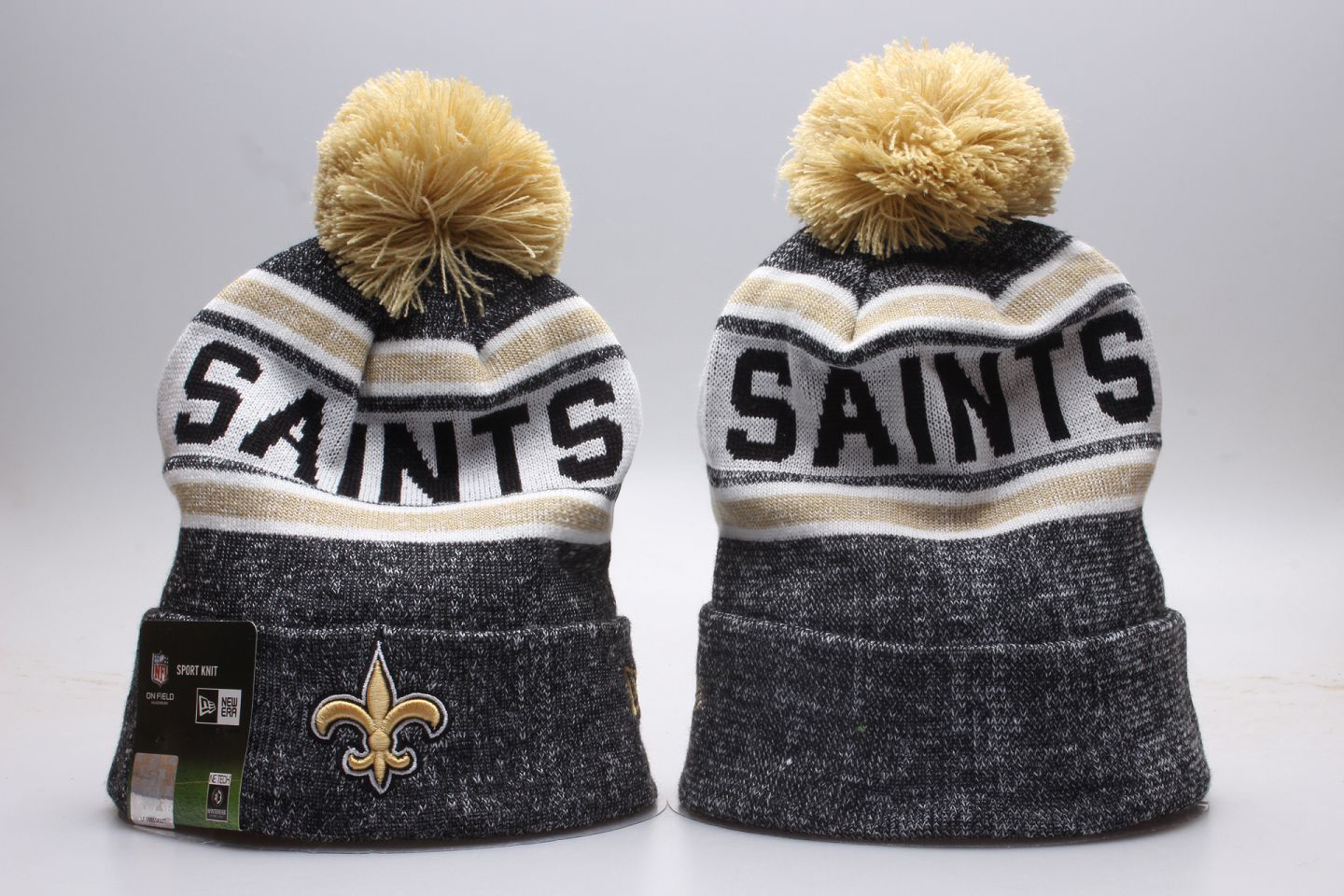Saints Team Logo Gray Wordmark Cuffed Pom Knit Hat YP - Click Image to Close