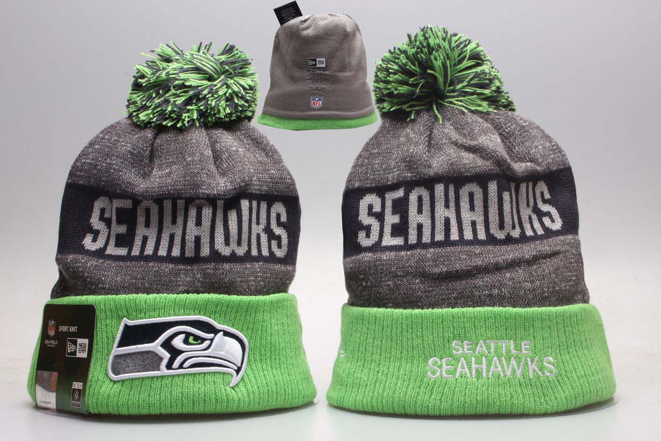 Seahawks Fresh Logo Gray Green Wordmark Cuffed Pom Knit Hat YP