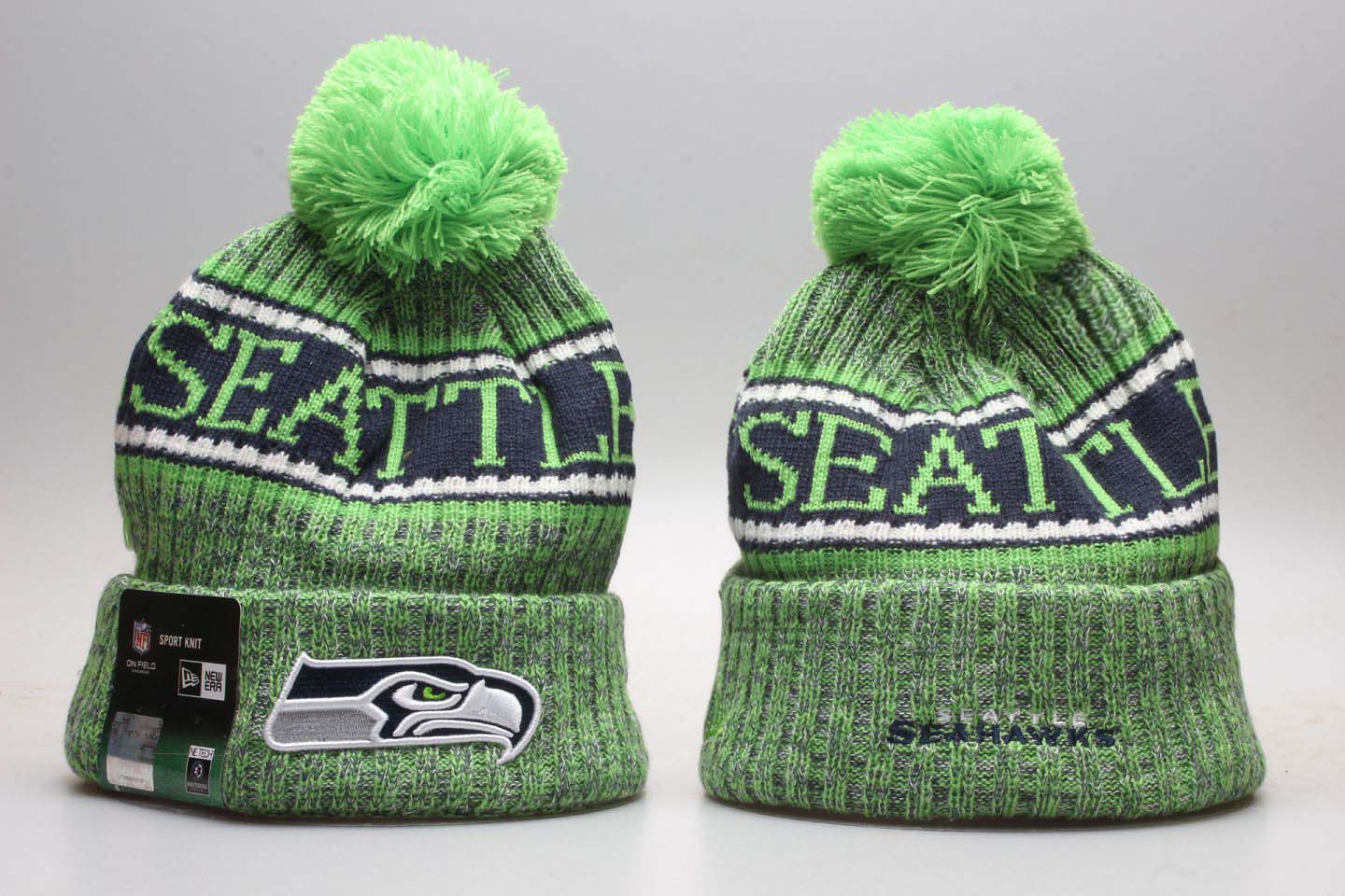 Seahawks Fresh Logo Green Pom Knit Hat YP - Click Image to Close