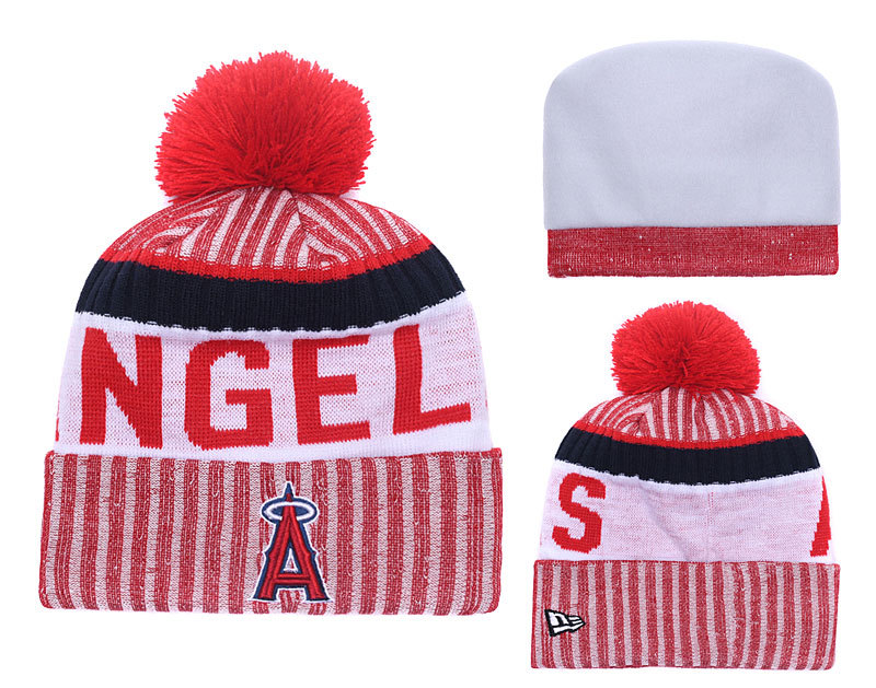 Angels Team Logo Red Cuffed Knit Hat With Pom YD - Click Image to Close