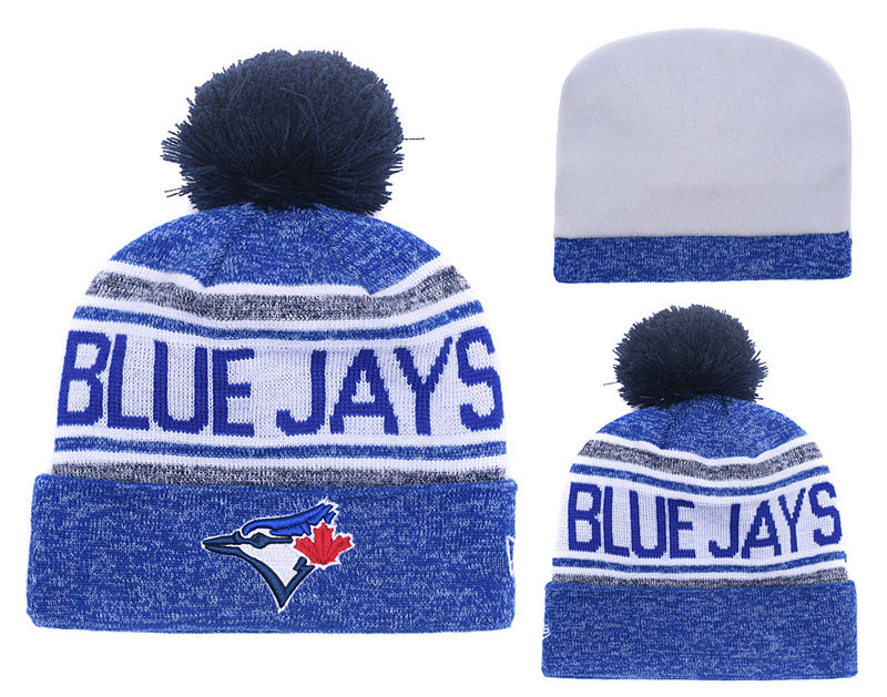 Blue Jays Team Logo Royal White Cuffed Knit Hat With Pom YD - Click Image to Close