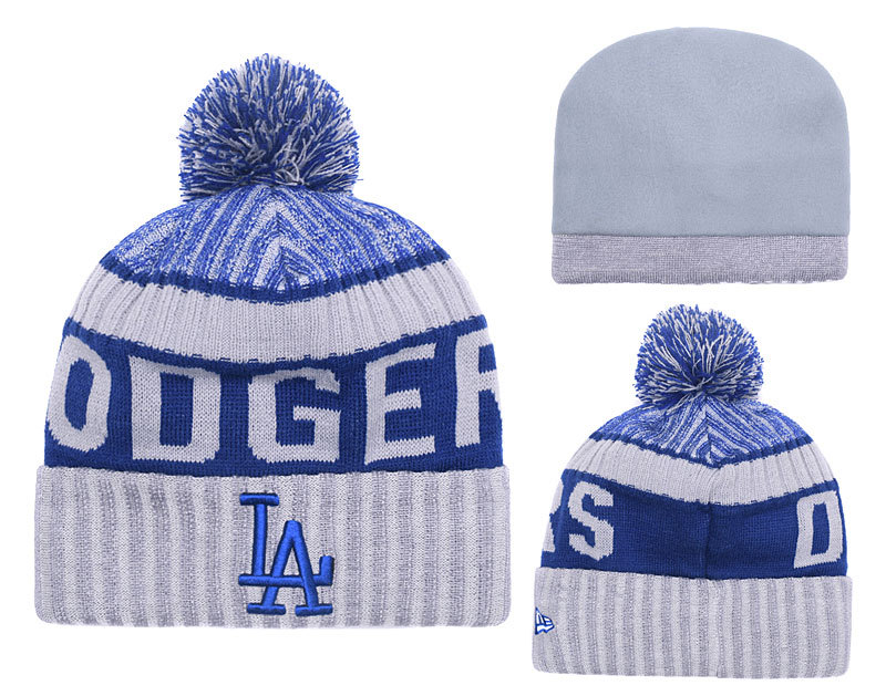 Dodgers Royal Gray Banner Block Cuffed Knit Hat With Pom YD