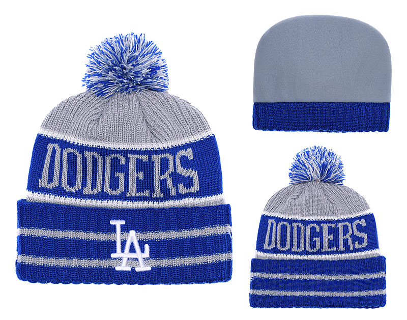 Dodgers Team Logo Royal Gray Cuffed Knit Hat With Pom YD - Click Image to Close