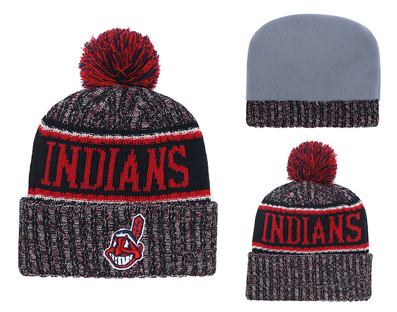 Indians Team Logo Red Black Cuffed Knit Hat With Pom YD