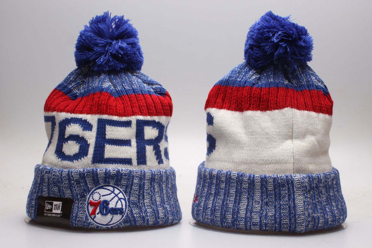 76ers Team Logo White Blue Wordmark Cuffed Pom Knit Hat YP - Click Image to Close