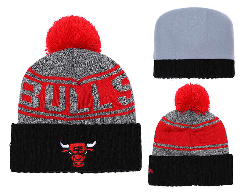 Bulls Fresh Logo Black Gray Red Pom Knit Hat YD