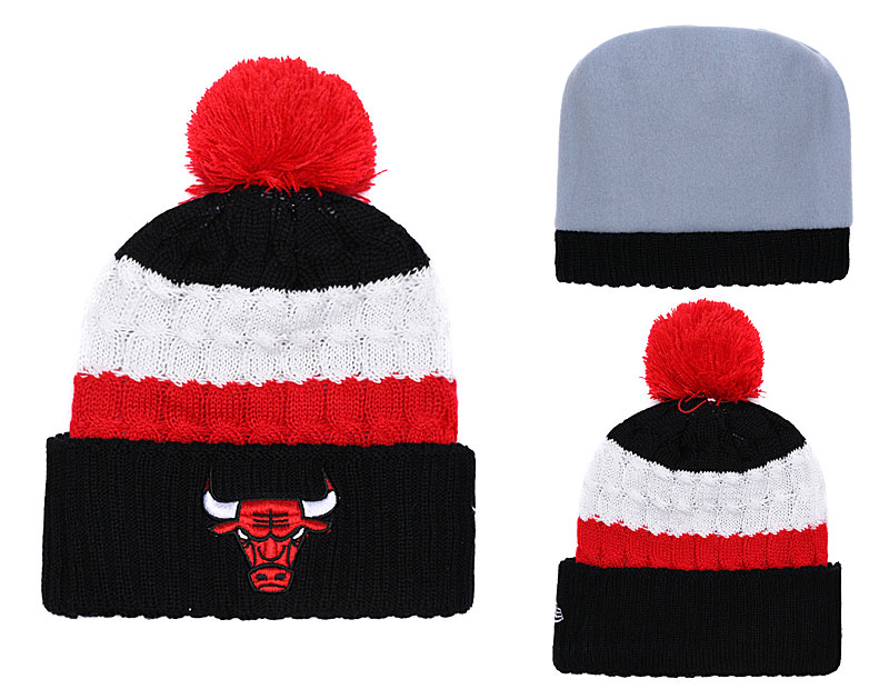 Bulls Fresh Logo Black White Red Pom Knit Hat YD