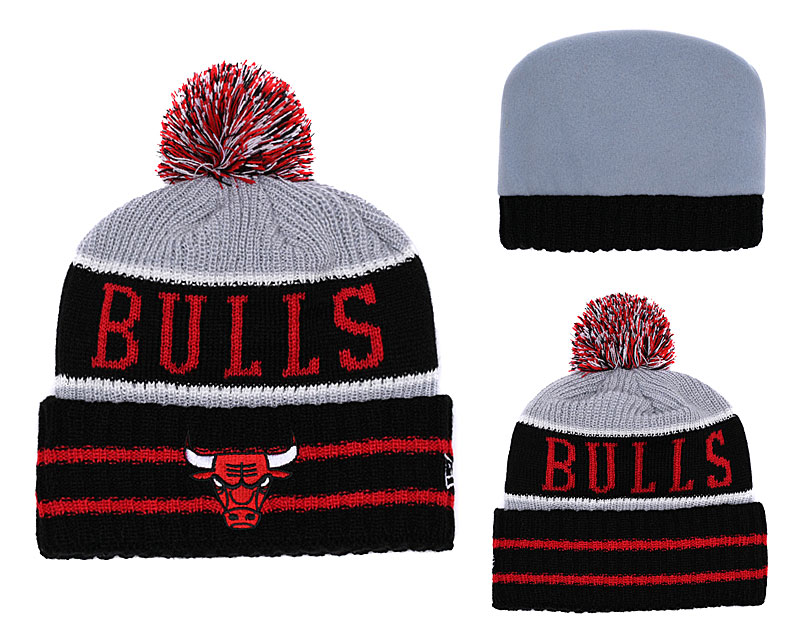 Bulls Team Logo Black Gray Pom Knit Hat YD