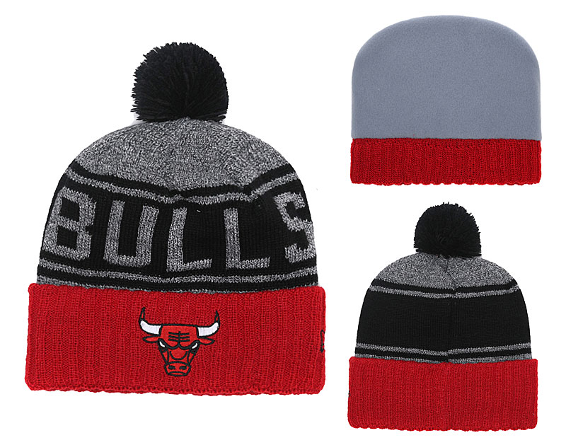 Bulls Team Logo Black Gray Red Pom Knit Hat YD