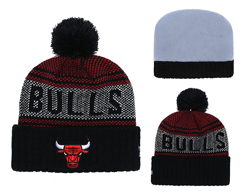 Bulls Team Logo Black Red Pom Knit Hat YD