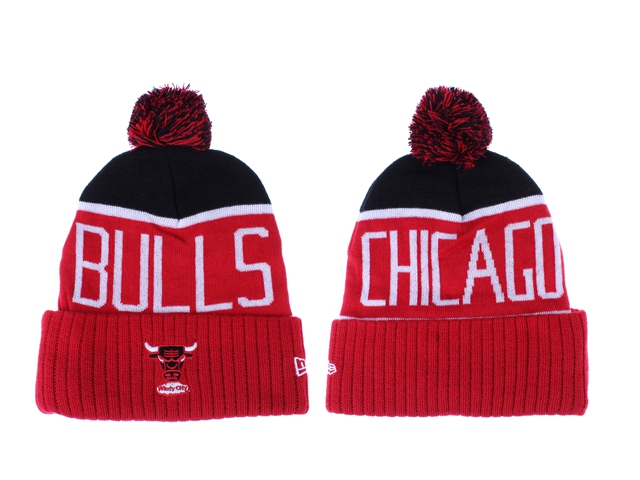 Bulls Team Logo Red Black Pom Knit Hat LX