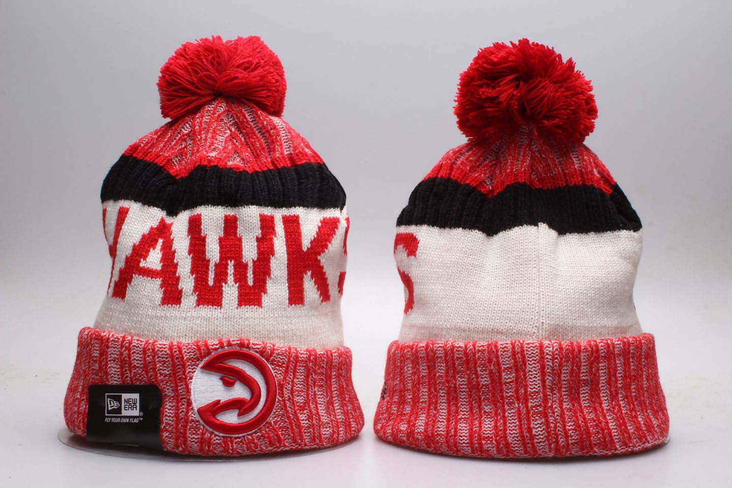 Hawks Team Logo White Red Wordmark Cuffed Pom Knit Hat YP - Click Image to Close