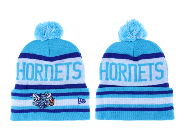Hornets Team Logo Blue Pom Knit Hat LX