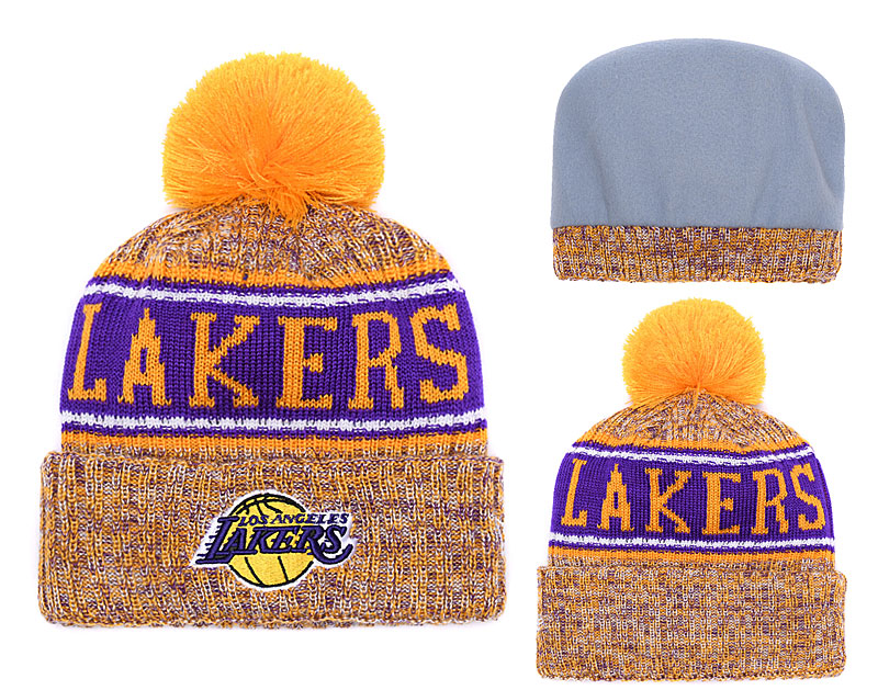 Lakers Fresh Logo Yellow Pom Knit Hat YD - Click Image to Close