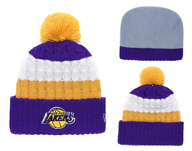 Lakers Fresh Logo Yellow Purple Pom Knit Hat YD - Click Image to Close