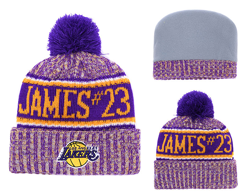 Lakers Fresh Logo Yellow Purple with Pom Knit Hat YD