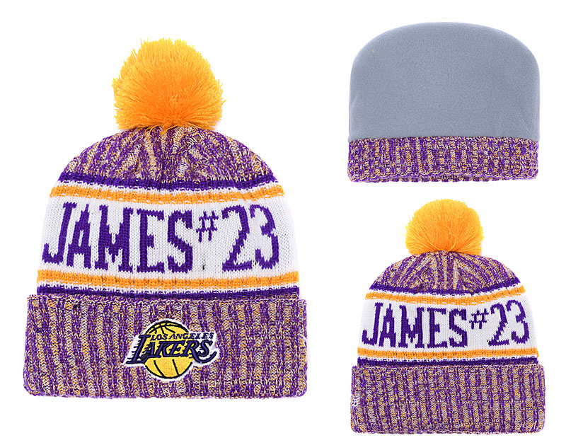 Lakers Purple Banner Block Cuffed Knit Hat With Pom YD