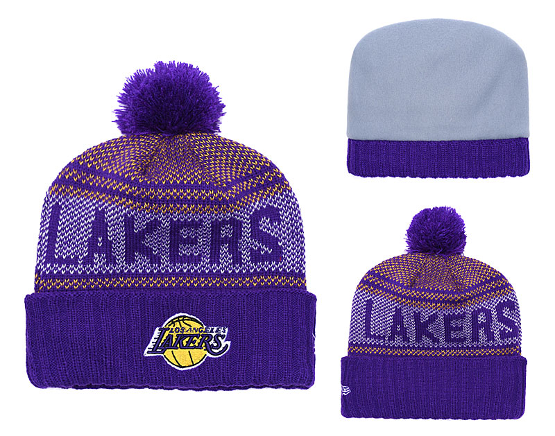 Lakers Purple Banner Block Cuffed Knit Hats With Pom YD