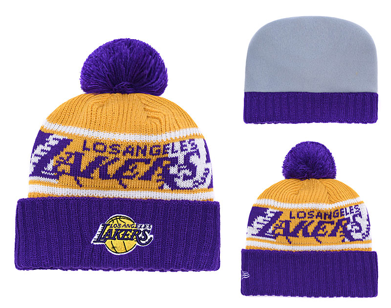 Lakers Purple Yellow Banner Block Cuffed Knit Hat With Pom YD - Click Image to Close