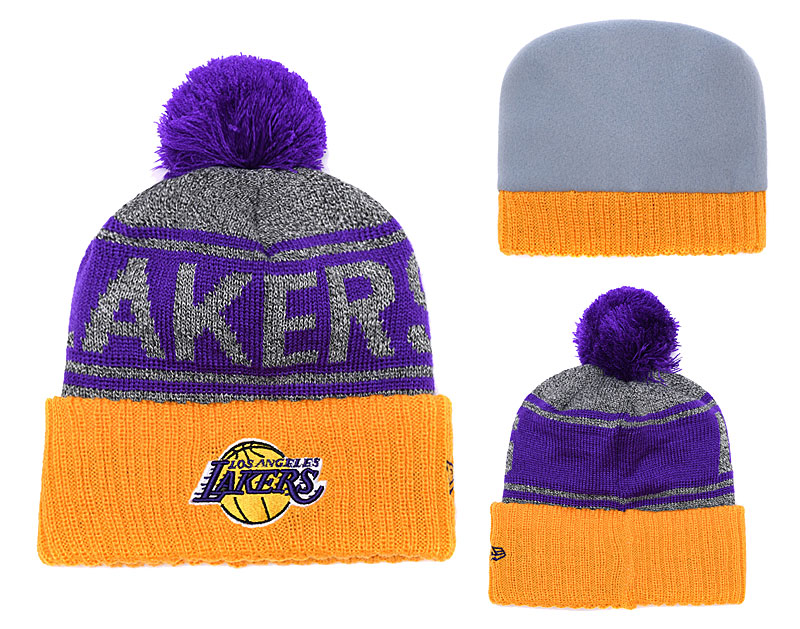 Lakers Team Logo Purple Gray Pom Knit Hat YD
