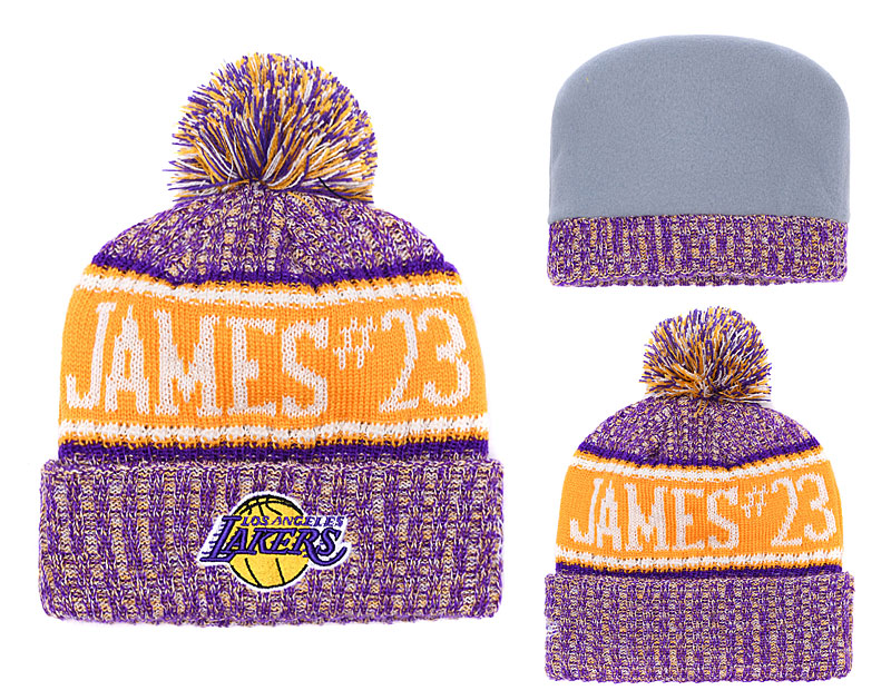 Lakers Team Logo Purple Yellow Pom Knit Hat YD
