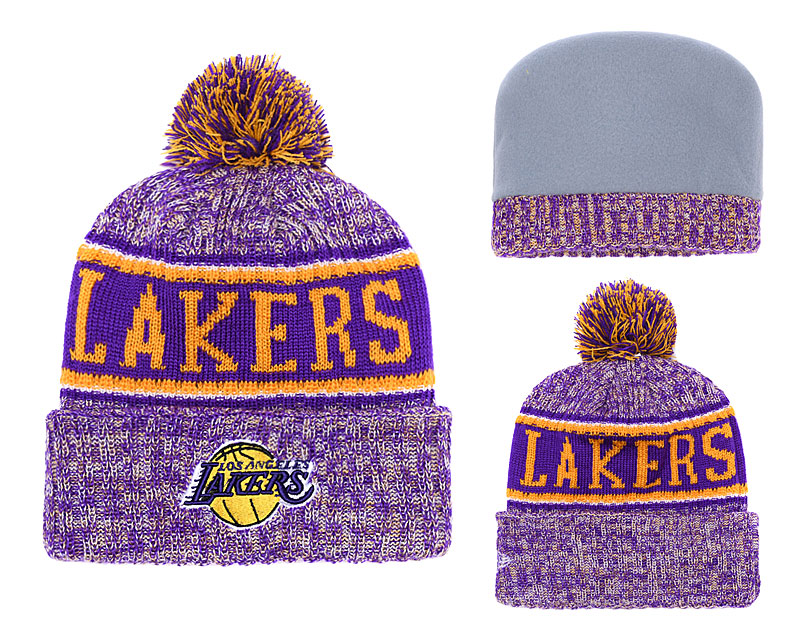 Lakers Team Logo Purple Yellow Pom Knit Hats YD - Click Image to Close