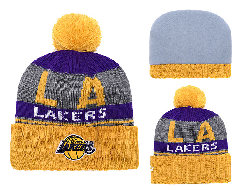 Lakers Team Logo Yellow Gray Pom Knit Hat YD