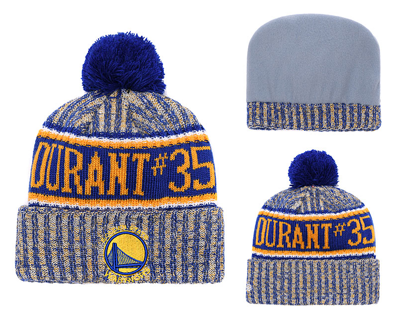 Warriors Fresh Logo Royal Yellow With Pom Knit Hat YD - Click Image to Close