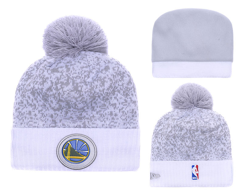 Warriors Fresh Logo White Gray Pom Knit Hat YD - Click Image to Close