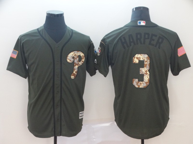 Phillies 3 Bryce Harper Olive Camo Salute To Service Cool Base Jersey