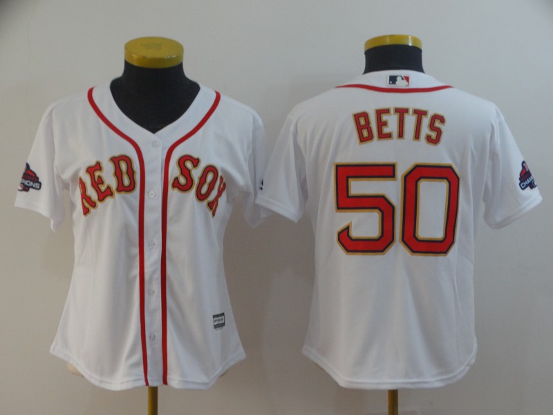 Red Sox 50 Mookie Betts White Women 2019 Gold Program Cool Base Jersey - Click Image to Close