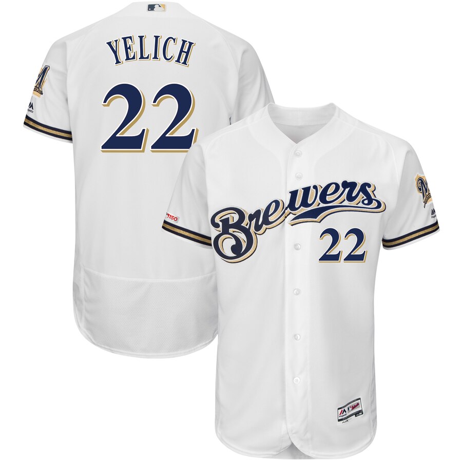 Brewers 22 Christian Yelich White 150th Patch Flexbase Jersey