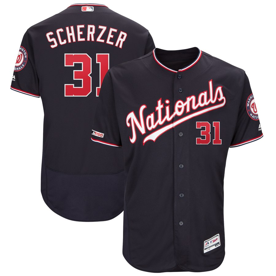 Nationals 31 Max Scherzer Navy 150th Patch Flexbase Jersey - Click Image to Close