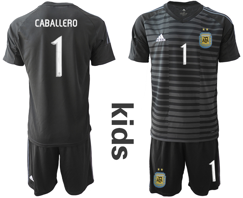2019-20 Argentina 1 CABALLERO Black Youth Goalkeeper Soccer Jersey - Click Image to Close