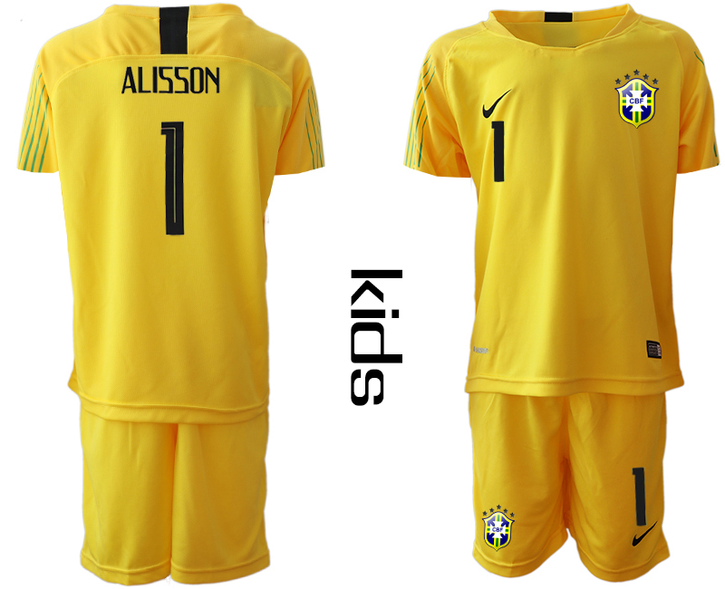 2019-20 Brazil 1 ALISSON Yellow Youth Goalkeeper Soccer Jersey