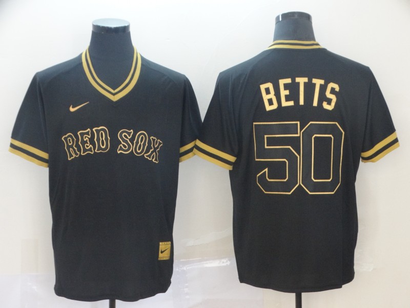 Red Sox 50 Mookie Betts Black Gold Nike Cooperstown Collection Legend V Neck Jersey - Click Image to Close