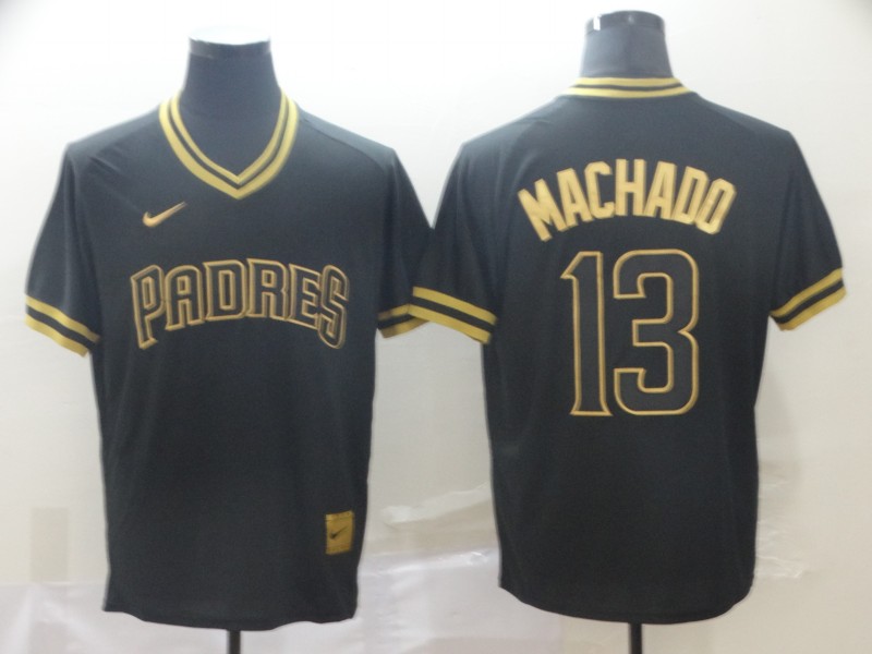 Padres 13 Manny Machado Black Gold Nike Cooperstown Collection Legend V Neck Jersey - Click Image to Close