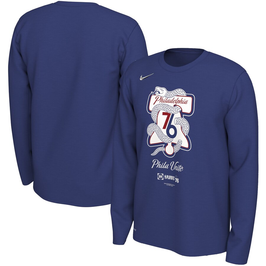 Philadelphia 76ers Nike 2019 NBA Playoffs Bound Team Mantra Dri FIT Long Sleeve T-Shirt Blue