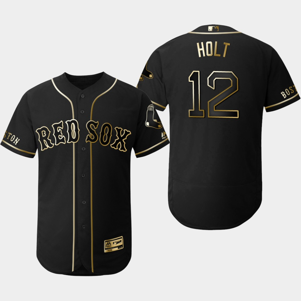 Red Sox 12 Brock Holt Black Gold Flexbase Jersey - Click Image to Close