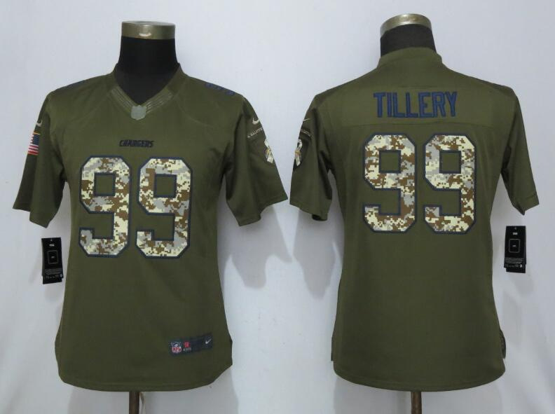 Nike Chargers 99 Jerry Tillery Olive Camo Women Salute to Service Limited Jersey